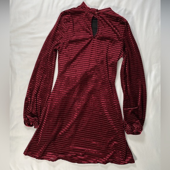 Lulus S Striped Burgundy Red Velvet Mini Dress Balloon Sleeves Keyhole Back - Picture 3 of 12